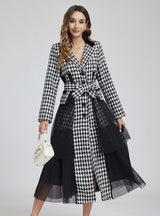 Houndstooth Tweed Sequined Mesh Stitching Coat Dress