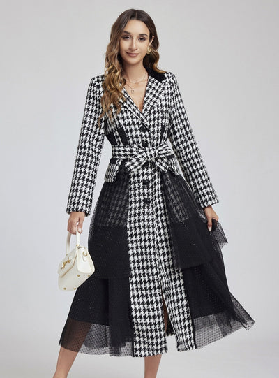 Houndstooth Tweed Sequined Mesh Stitching Coat Dress