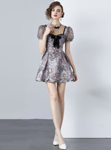 Bow Retro Print Slim Short Dress