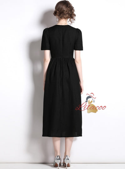 Black Hepburn Short Sleeve Long Dress