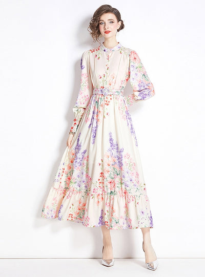 Retro Printed Long Sleeve Silm Waist Dress