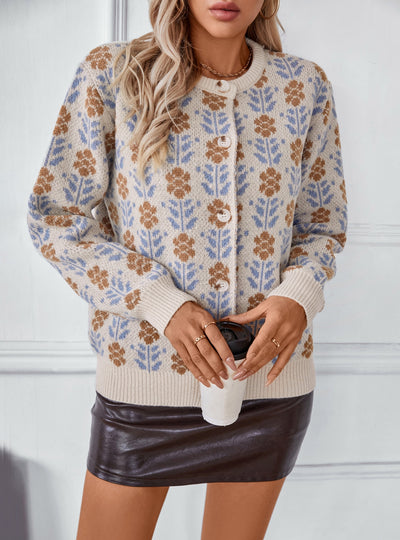 Flower Jacquard Long Sleeve Sweater Coat