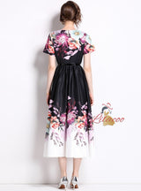 Printed Hepburn Round Neck Short Sleeve Dress with Belt