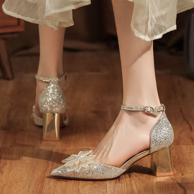 Bow Sequined Thick Heel Wedding Shoes