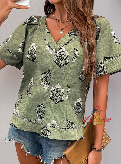 Ethnic V-neck Printed Short-sleeved Shirt