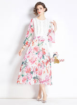 Positioning Printed Stitching Pleated Big Swing Dress