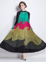 Printed Lantern Sleeve Pleated Tassel Belt Dress