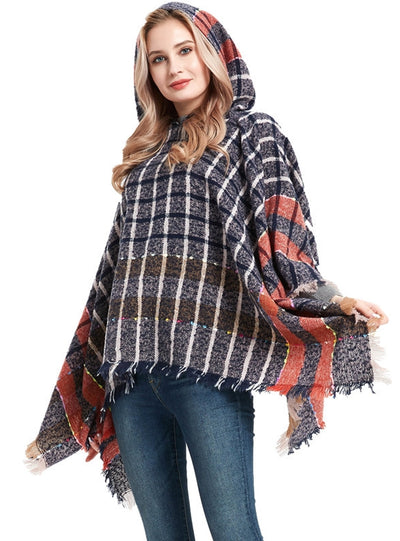 Checked Hooded Pullover Cloak