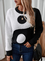 Contrast Color Round Neck Loose Long Sleeve Sweater