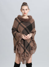 Round Neck Plaid Fur Ball Pullover Cloak Shawl