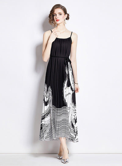 Printed Sling Pleated Dress