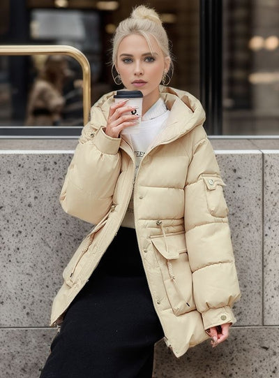 Long Hooded Silm Waist Cotton-padded Down Jacket