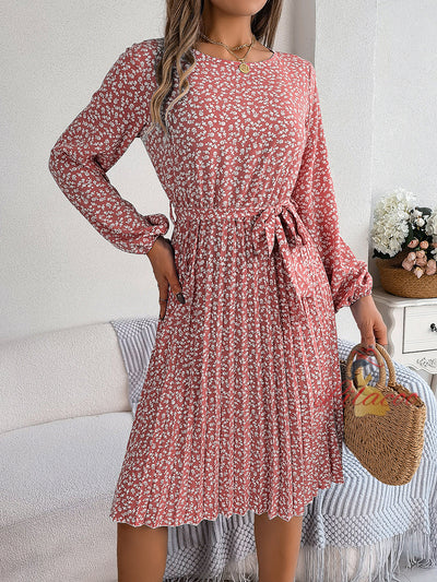 Casual Long-sleeved Floral Pleated Dress