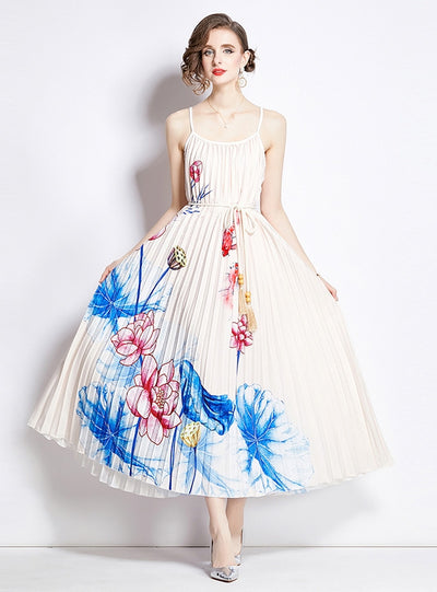 Printed Sling Pleated Dress