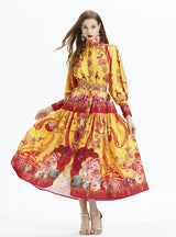 Printed Long-sleeved Silm Waist Ruffled Dress