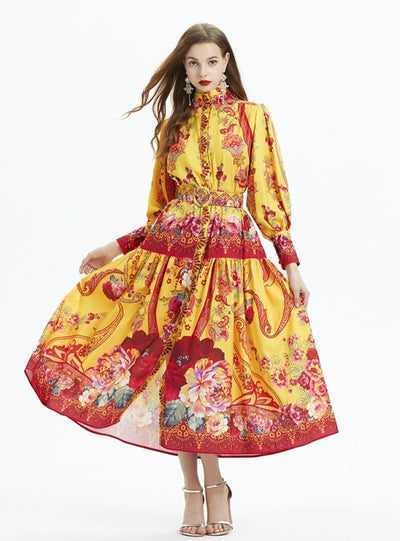 Printed Long-sleeved Silm Waist Ruffled Dress