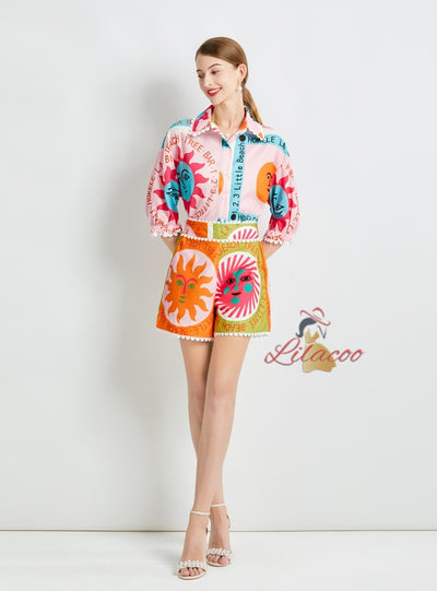 Sun Printed Loose Short-sleeved Shirt and Shorts Suit