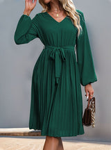 V-neck Long Sleeve Lace-up Dress