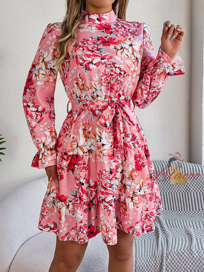 Stand-up Collar Flower Long Sleeve Dress