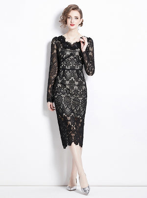 Lace V-neck Slim Mid-length Dress