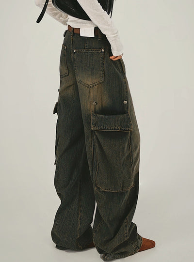 Retro High Waist Big Pocket Stitching Jeans