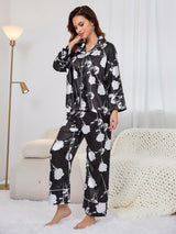 Silk-like Printed Long-sleeved Trousers Suit