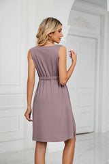 Solid Color Button Pocket Round Neck Dress