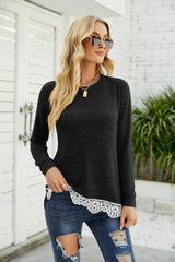 Round Neck Lace Stitching Pocket T-shirt