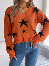 Leisure V-neck Star Long Sleeve Knitted Sweater