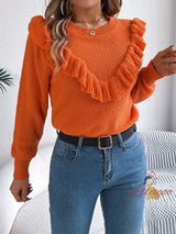 Solid Color Ruffled Long-sleeved Sweater