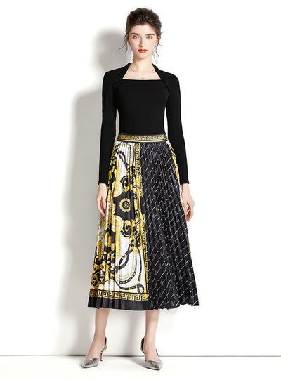 Retro Square Neck Long Sleeve Top+Printed Pleated Skirt Suit