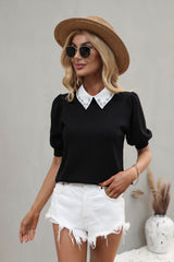 Pullover Short Sleeve Solid Color Lapel Sweater