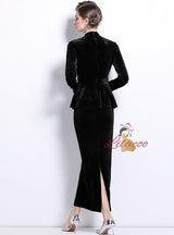 Fashion Velvet V-neck Top Skirt Suit