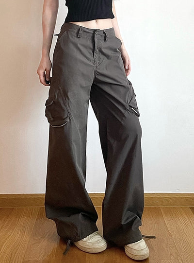 Multi-pocket High Waist Slim Straight Pants