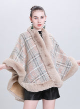 Sequined Fur Collar Plaid Cape Shawl