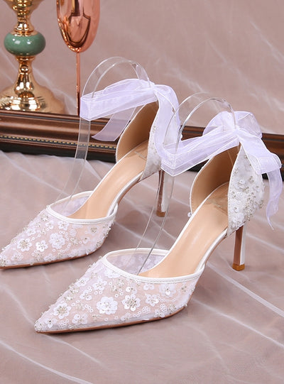 White Lace Sequins Pointed Sandals