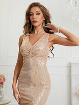 Champagne Sequins V-neck Prom Dress