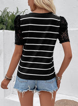 Summer Hollow Striped Round Neck T-shirt