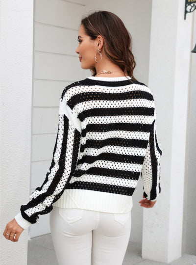 Hollow Striped Round Neck Long Sleeve Sweater