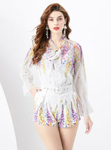 V-neck Lantern Sleeve Pleated Shirt+Shorts Suit