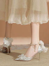 Bow Stiletto Heels Pearl Chain Wedding Shoes