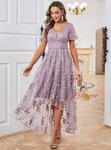 Purple Lace V-neck Puff Sleeve Prom Dress