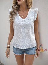 Lotus Leaf V-neck White Hollow Shirt