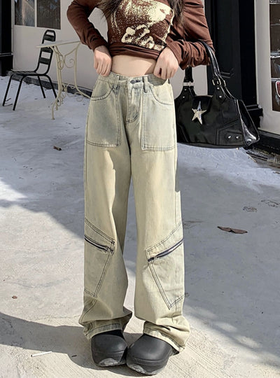 Retro Straight Zipper Overalls High Waist Jeans