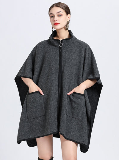 Stand-up Collar Pocket Zipper Shawl Cloak