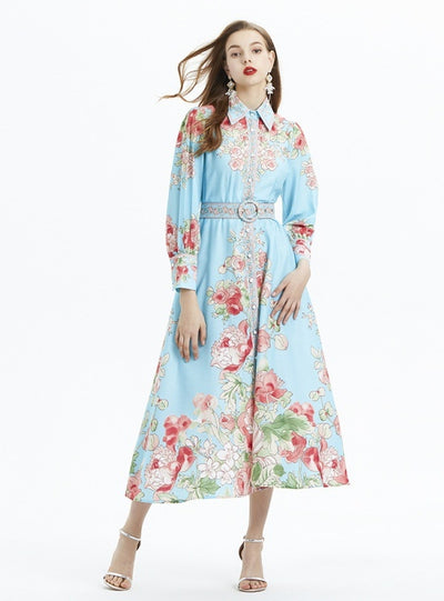 Flower Printed Long-sleeved Ruffled Dress