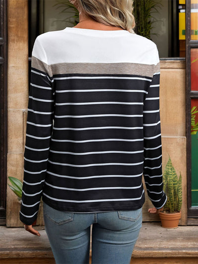 Spliced Long Sleeve Striped T-shirt