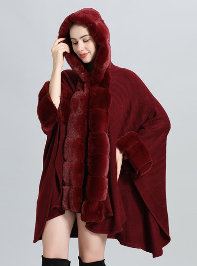 Wool Collar Hooded Knitted Shawl Cloak