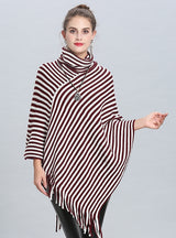 Loose Striped Fringed Turtleneck Cape Shawl