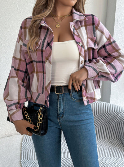 Plaid Fake Pocket Long Sleeve Jacket Coat